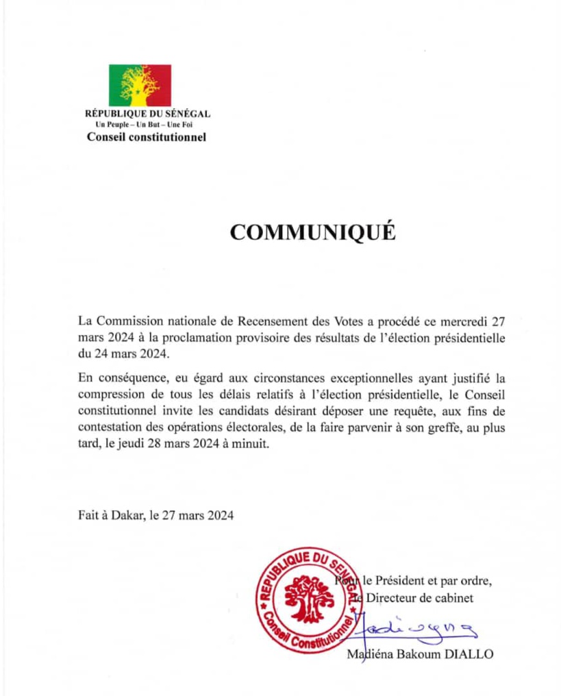 Résultats provisoires de la présidentielle: les requêtes aux fins de contestation déposées au plus tard ce jeudi (Document)