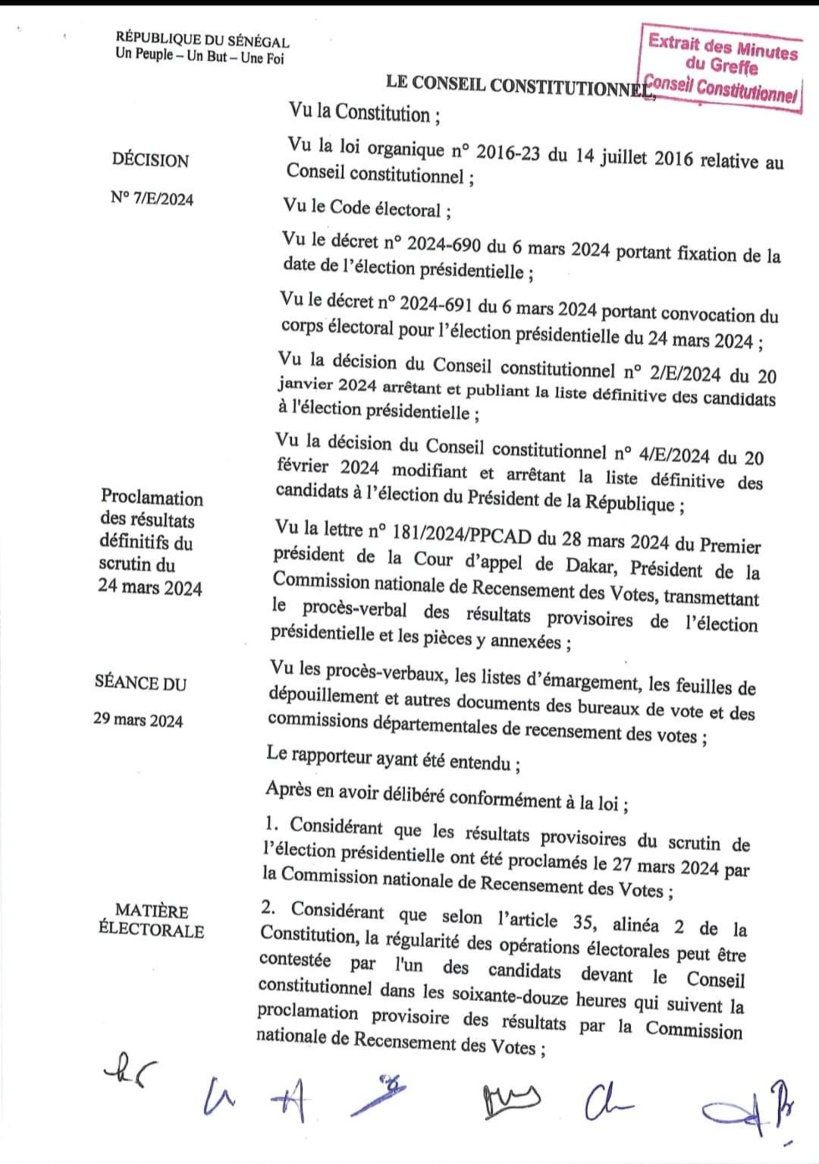 Le Conseil constitutionnel valide la victoire de Bassirou Diomaye Diakhar Faye Le Conseil constitutionnel valide la victoire de Bassirou Diomaye Diakhar Faye