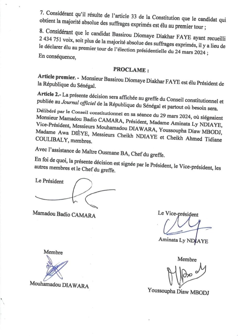 Le Conseil constitutionnel valide la victoire de Bassirou Diomaye Diakhar Faye Le Conseil constitutionnel valide la victoire de Bassirou Diomaye Diakhar Faye