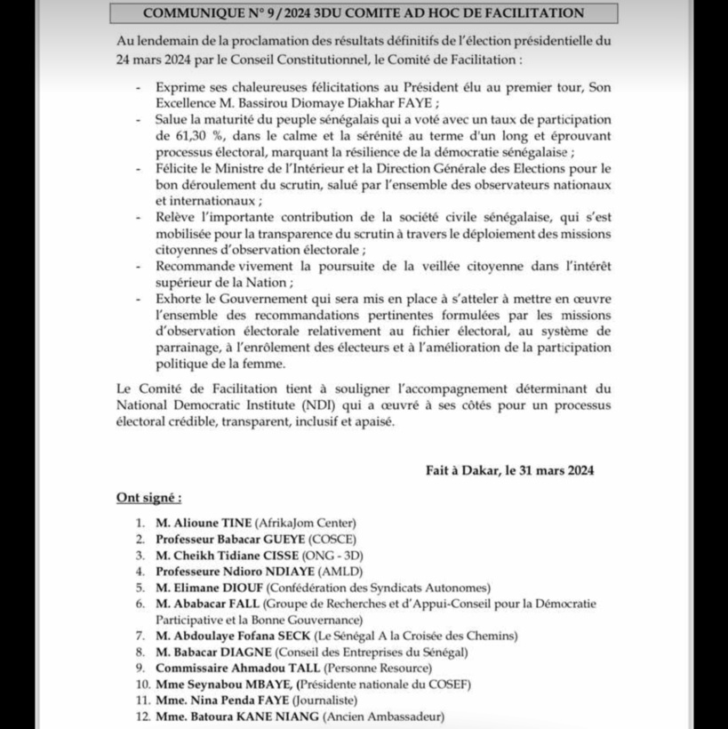 Présidentielle 2024 : le comité de Facilitation salue la maturité du peuple sénégalais et félicite Bassirou Diomaye Faye Présidentielle 2024 : le comité de Facilitation salue la maturité du peuple sénégalais et félicite Bassirou Diomaye Faye