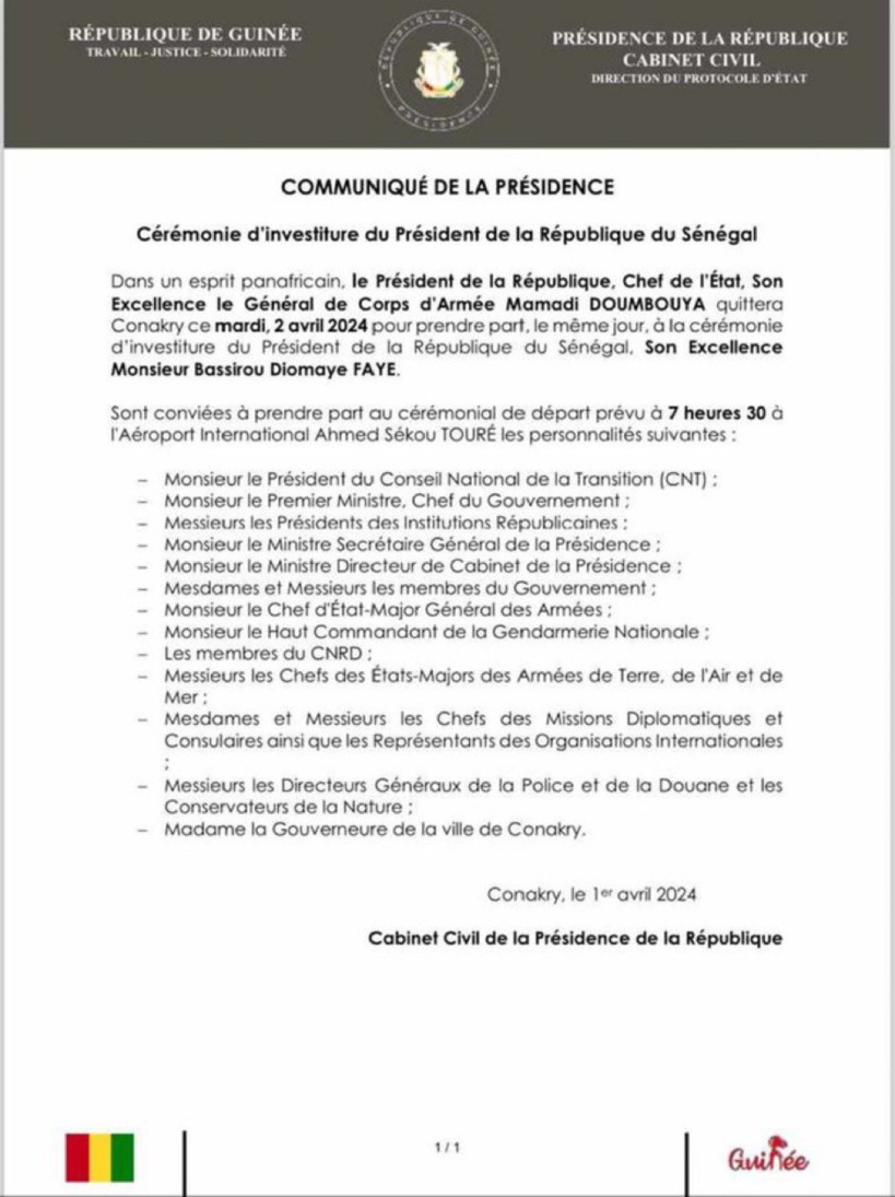 Investiture du Président Diomaye Faye : le Général Mamadi Doumbouya annoncé à Dakar Investiture du Président Diomaye Faye : le Général Mamadi Doumbouya annoncé à Dakar
