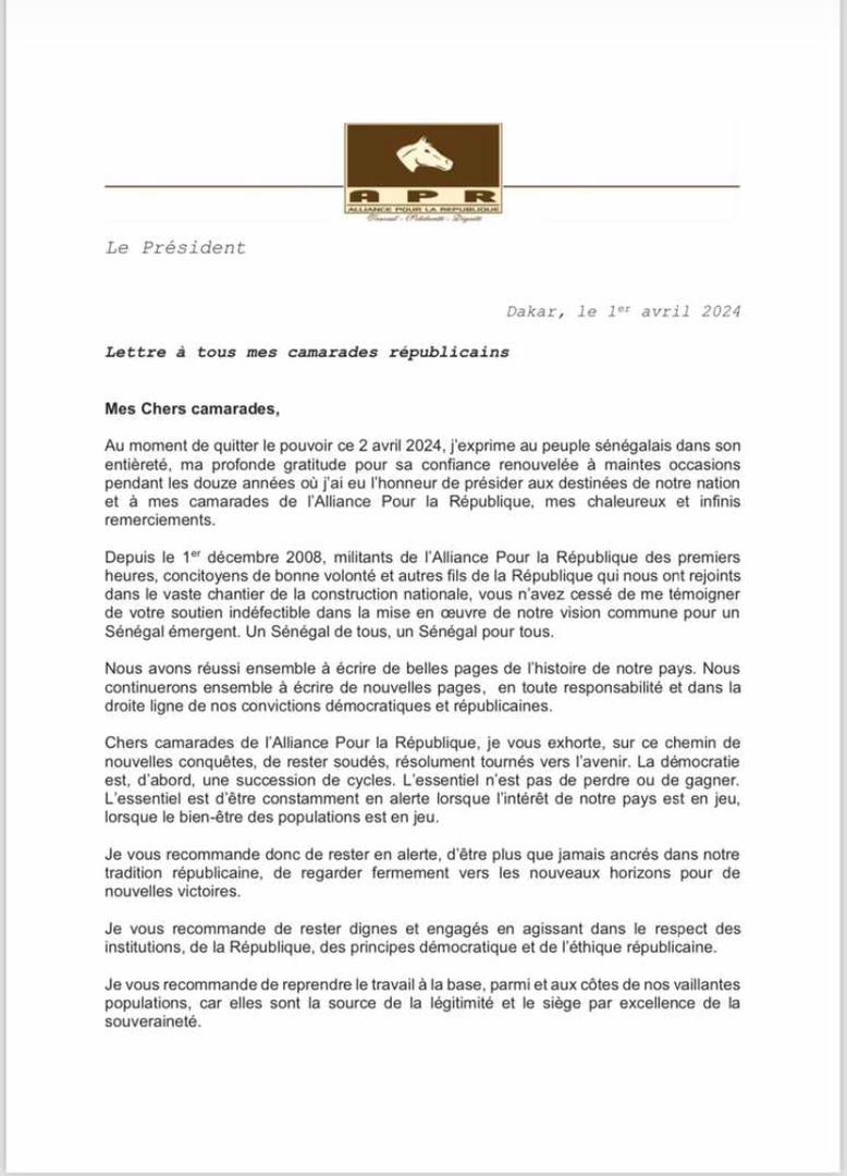 Lettre d’adieu à l’APR : Macky Sall exhorte à l'unité et à la vigilance démocratique 