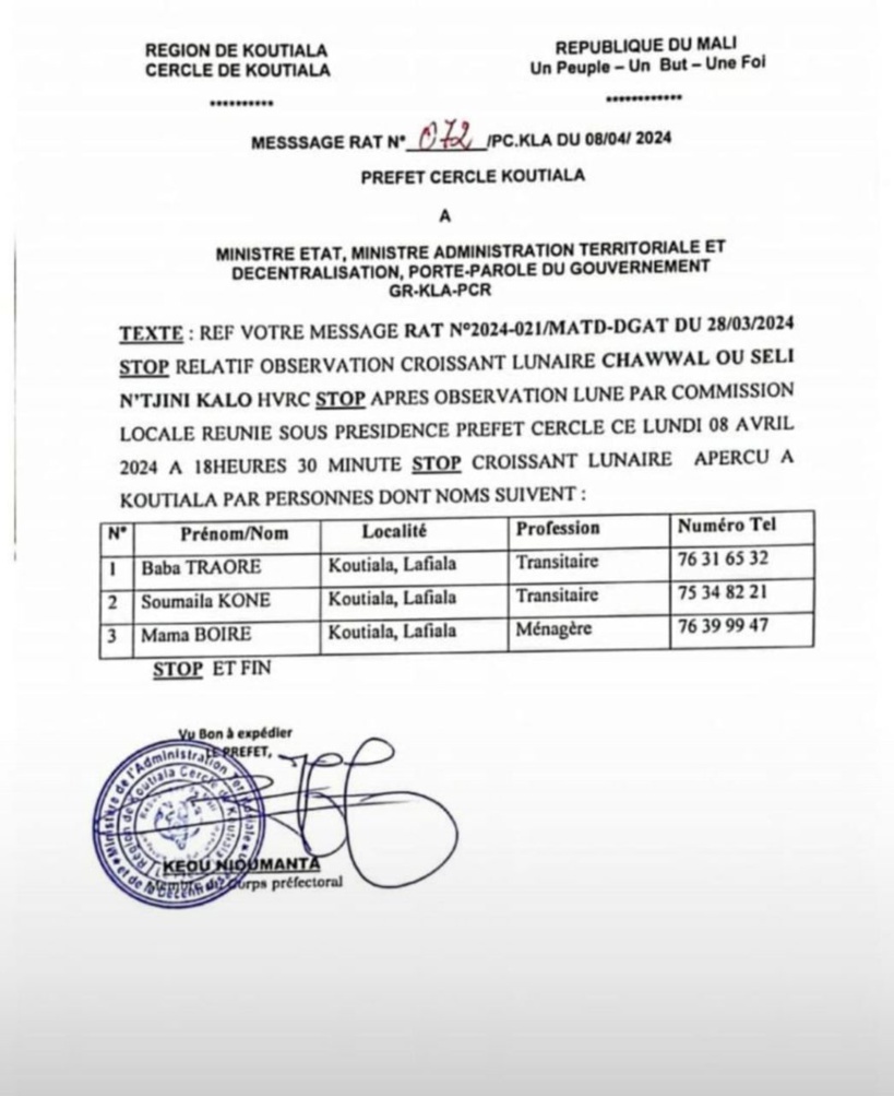 Mali : la korité célébrée ce mardi (Document)