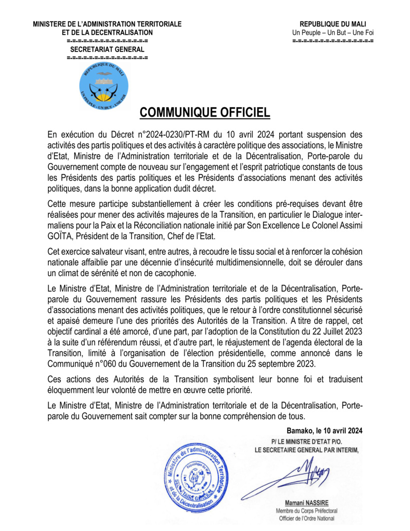 Mali : le gouvernement "suspend" les activités des partis politiques Mali : le gouvernement "suspend" les activités des partis politiques