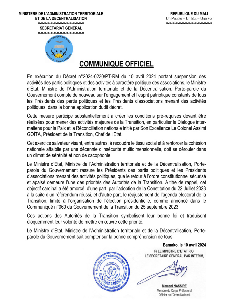 Mali : le gouvernement "suspend" les activités des partis politiques