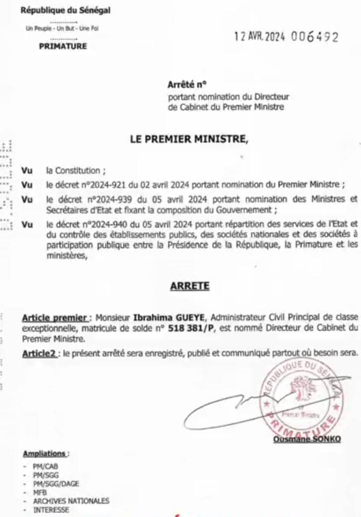 Primature : Ibrahima Guèye nommé directeur de cabinet Primature : Ibrahima Guèye nommé directeur de cabinet