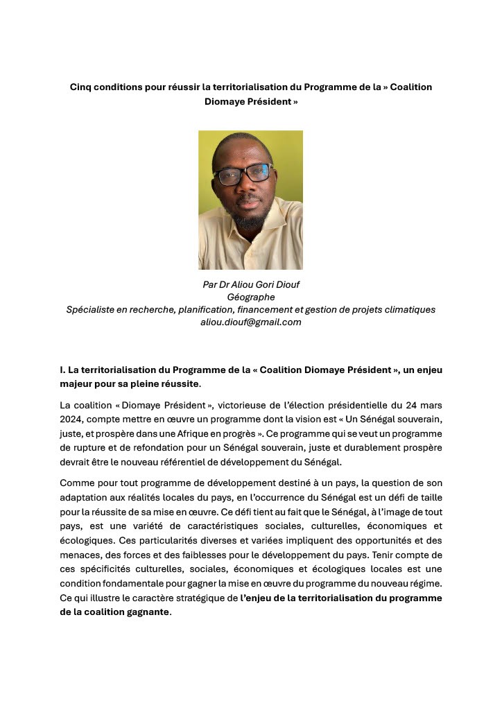 Cinq conditions pour réussir la territorialisation du Programme de la » Coalition Diomaye Président »