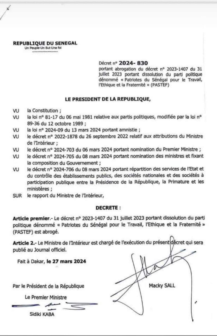 Le fameux décret de Macky portant abrogation du décret de dissolution du parti Pastef enfin publié ! Le fameux décret de Macky portant abrogation du décret de dissolution du parti Pastef enfin publié !