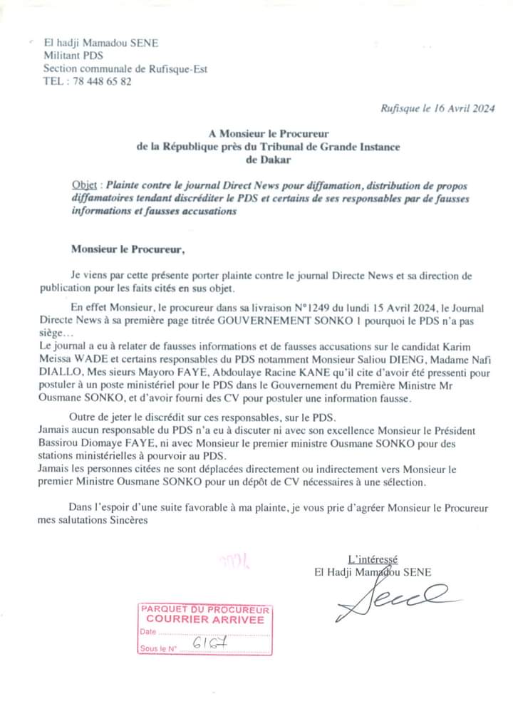 "Diffamation" : le Pds porte plainte contre le journal Direct News (Document)