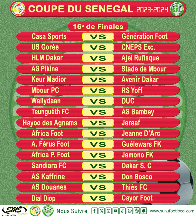 Coupe du Sénégal : Casa Sports - Génération Foot, AS Pikine - Stade de Mbour, chocs des 16es de finale Coupe du Sénégal : Casa Sports - Génération Foot, AS Pikine - Stade de Mbour, chocs des 16es de finale
