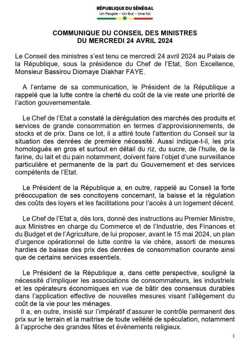 Communiqué du Conseil des ministres du mercredi 24 avril 2024 Communiqué du Conseil des ministres du mercredi 24 avril 2024