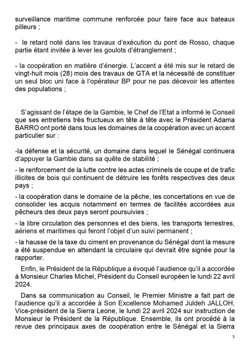 Communiqué du Conseil des ministres du mercredi 24 avril 2024 Communiqué du Conseil des ministres du mercredi 24 avril 2024
