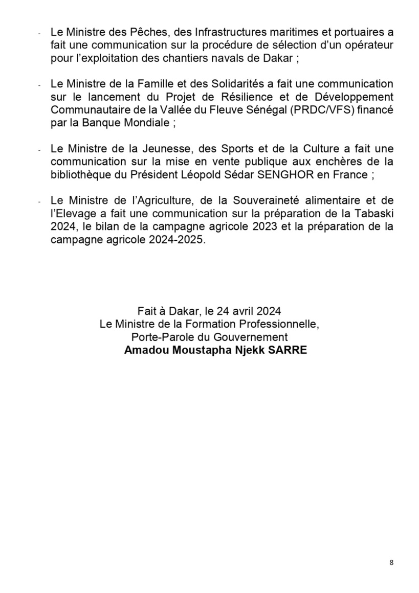 Communiqué du Conseil des ministres du mercredi 24 avril 2024 Communiqué du Conseil des ministres du mercredi 24 avril 2024