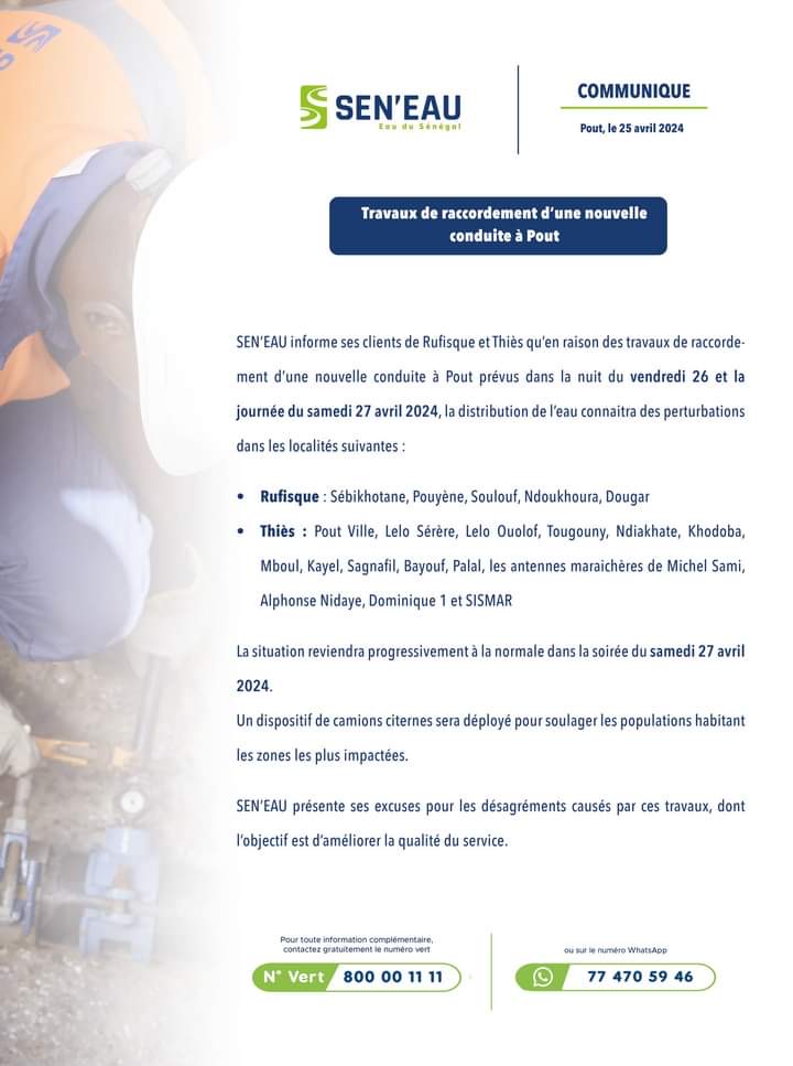 SEN'EAU annonce des perturbations temporaires dans la distribution d'eau à Rufisque et Thiès