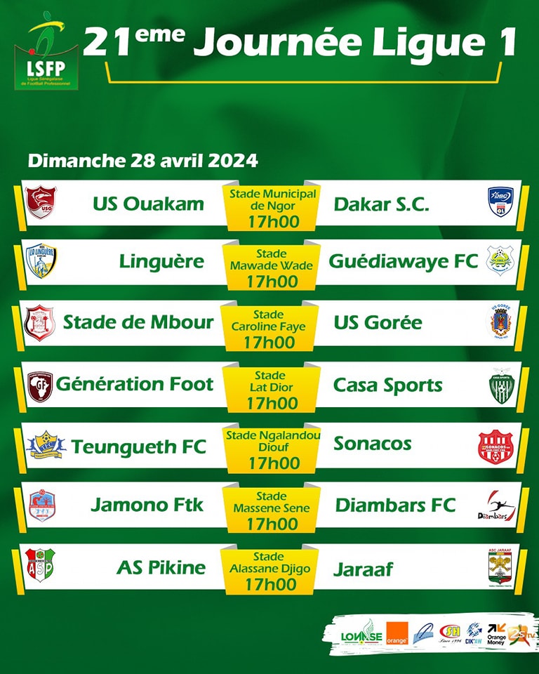 Ligue 1 : AS Pikine défie Jaraaf, Teungueth FC face à la Sonacos, Génération Foot accueille Casa Sports