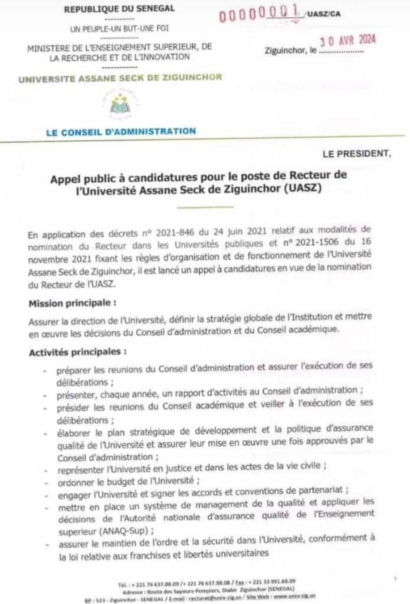 Université de Ziguinchor: le ministère de l'Enseignement supérieur lance un appel public á candidature pour le poste de Recteur (Document) Université de Ziguinchor: le ministère de l'Enseignement supérieur lance un appel public á candidature pour le poste de Recteur (Document)