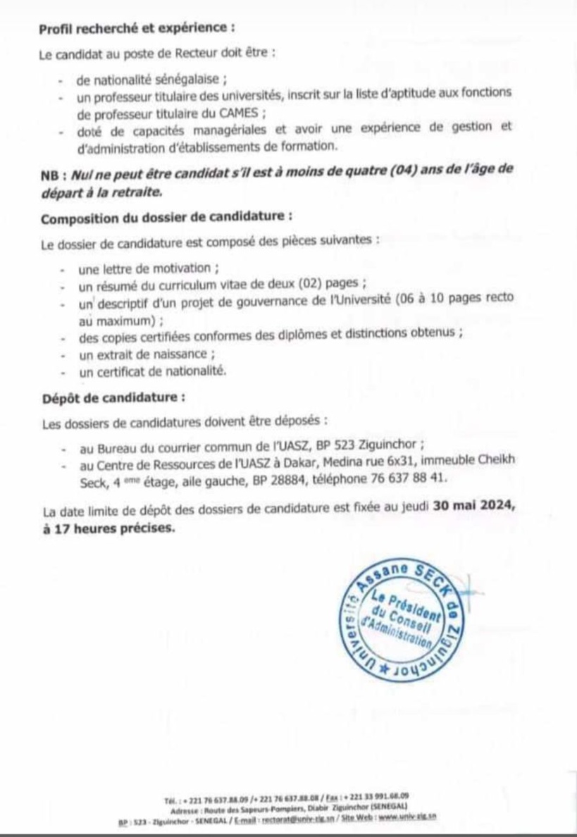 Université de Ziguinchor: le ministère de l'Enseignement supérieur lance un appel public á candidature pour le poste de Recteur (Document)