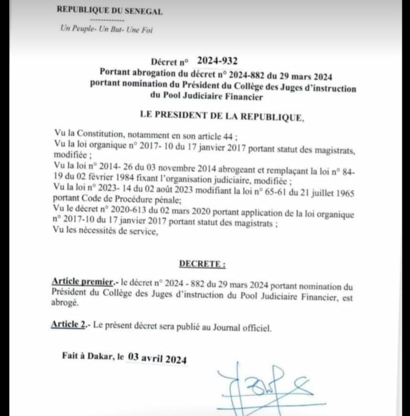 Présidence : quatre des 13 décrets d'abrogation pris le 03 avril par Diomaye Faye rendus publics (Documents)