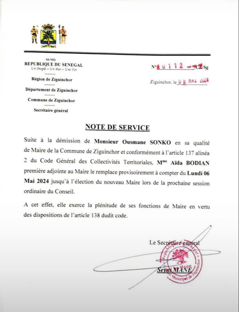 Mairie de Ziguinchor : Mme Aida Bodian remplace Ousmane Sonko (document) Mairie de Ziguinchor : Mme Aida Bodian remplace Ousmane Sonko (document)