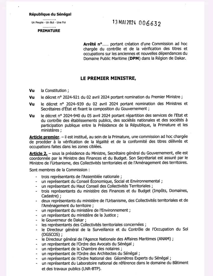 Le PM Ousmane Sonko ordonne à la DSCOS la suspension des constructions sur le Domaine Public Maritime