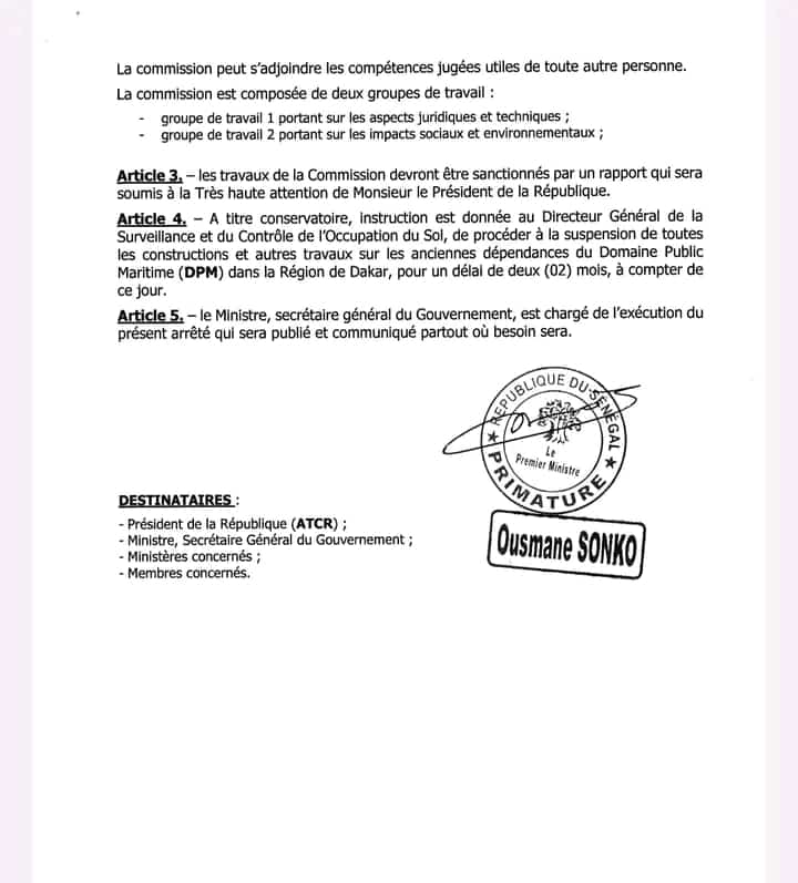 Le PM Ousmane Sonko ordonne à la DSCOS la suspension des constructions sur le Domaine Public Maritime