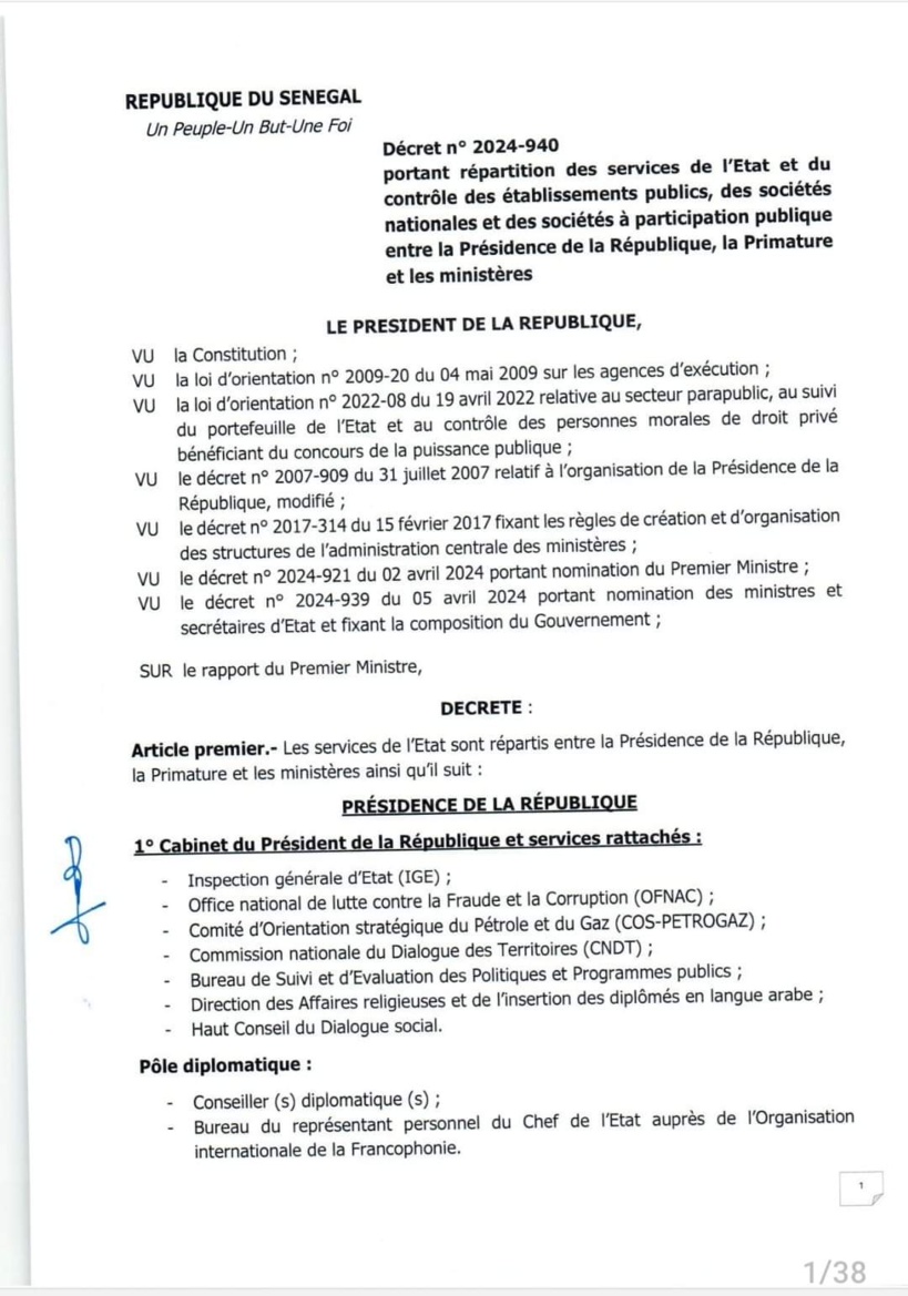 Le Président Diomaye publie le décret portant répartition des services de l’Etat et du contrôle des établissements publics Le Président Diomaye publie le décret portant répartition des services de l’Etat et du contrôle des établissements publics