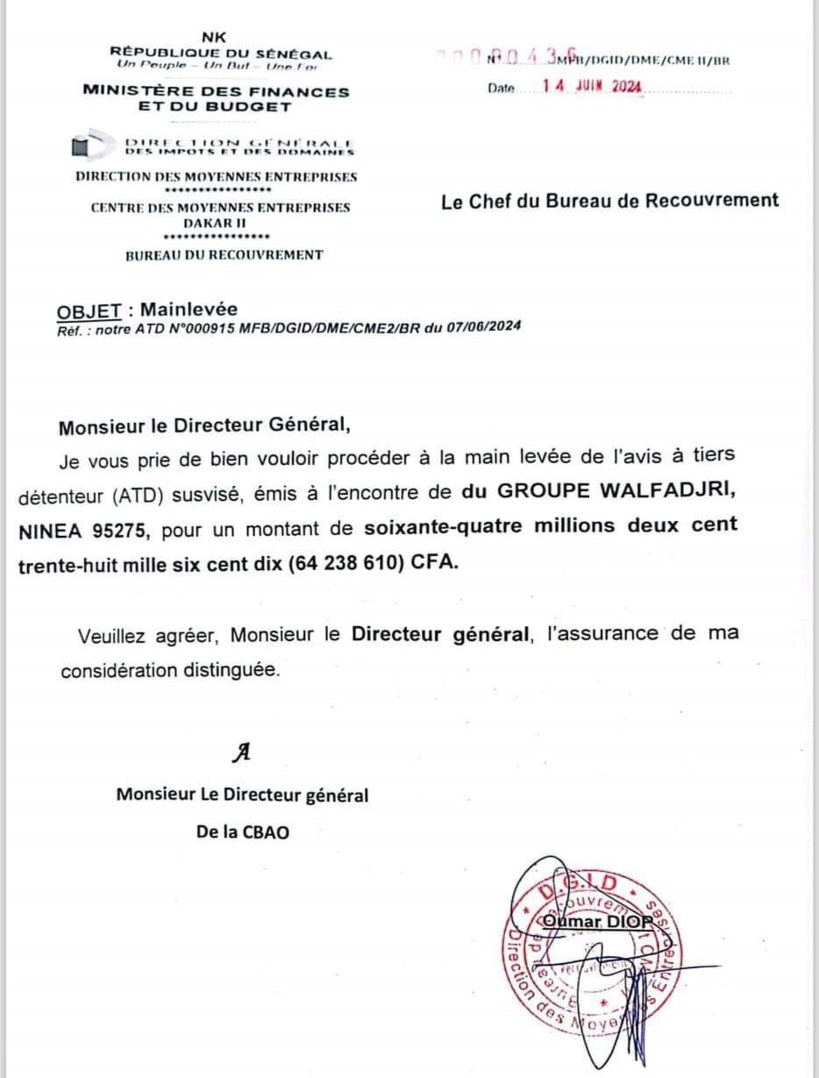 Dette fiscale : Walf donne un acompte et accède à "ses fonds" Dette fiscale : Walf donne un acompte et accède à "ses fonds"