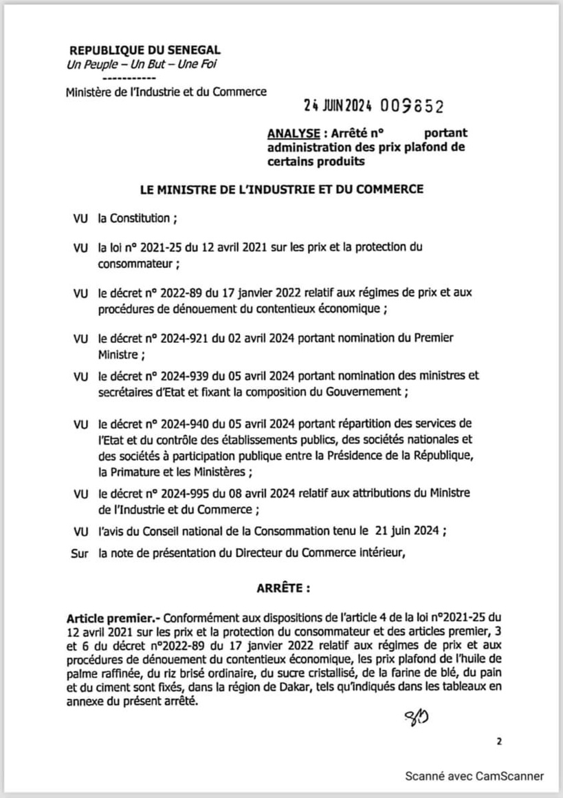 Sénégal : Voici l'arrêté portant administration des prix plafond de certains produits (Documents) Sénégal : Voici l'arrêté portant administration des prix plafond de certains produits (Documents)