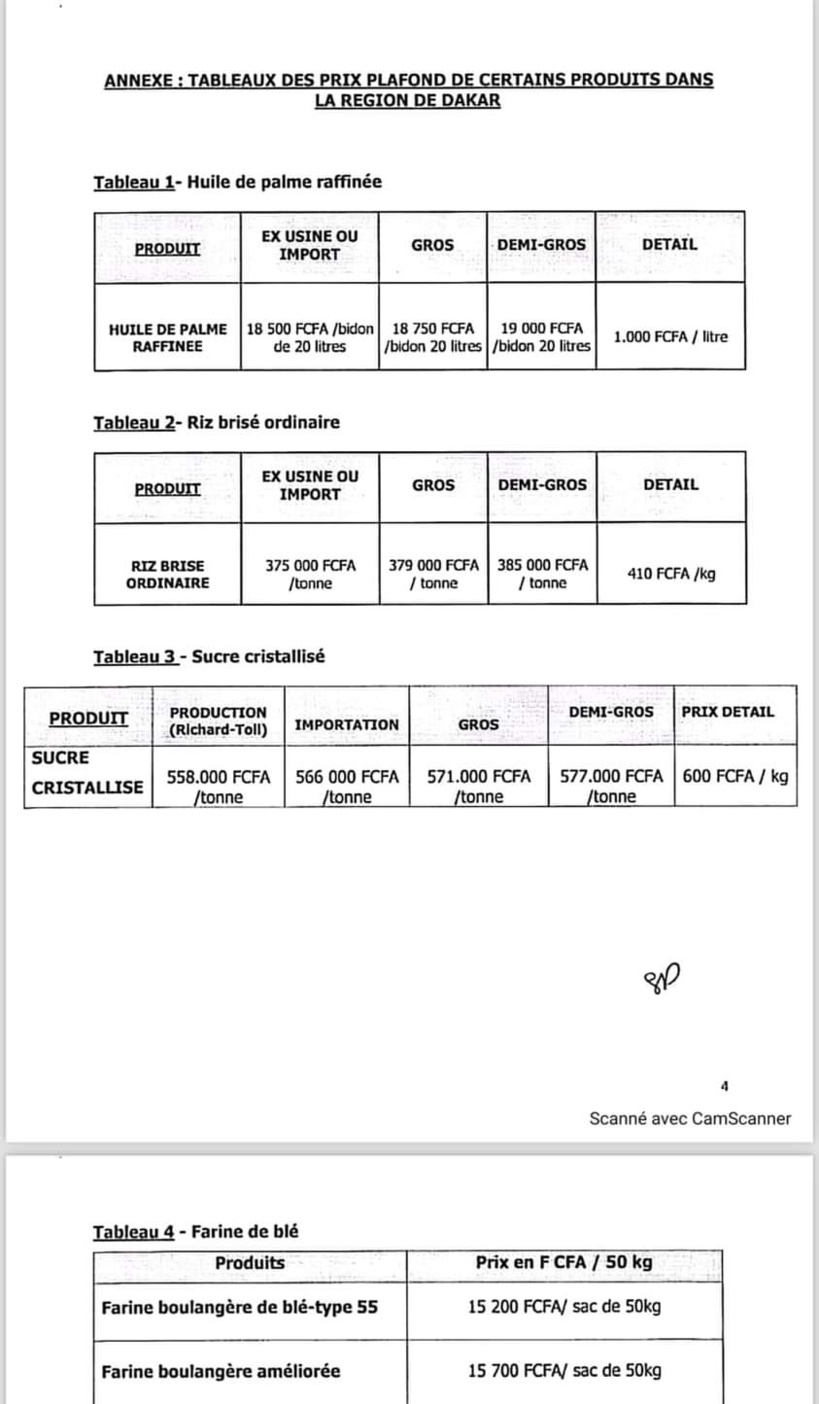 Sénégal : Voici l'arrêté portant administration des prix plafond de certains produits (Documents) Sénégal : Voici l'arrêté portant administration des prix plafond de certains produits (Documents)