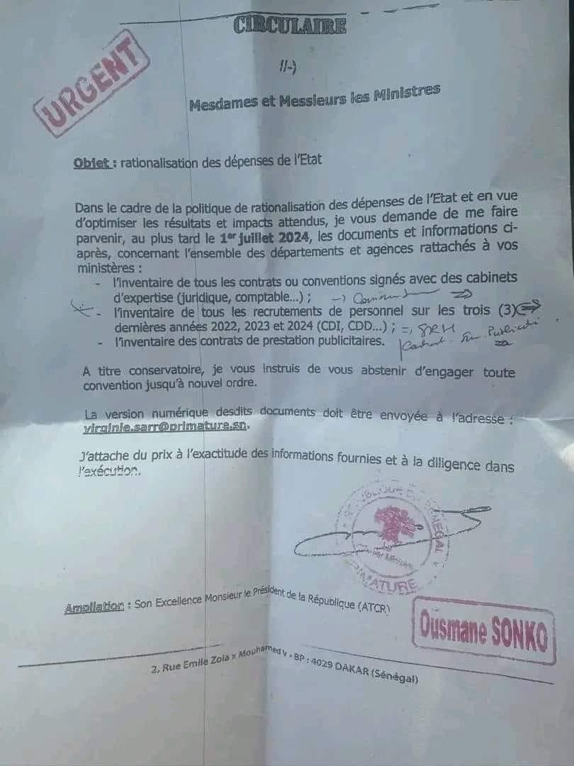 Rationalisation des dépenses de l’Etat : Ousmane Sonko exige un inventaire complet des contrats et recrutements