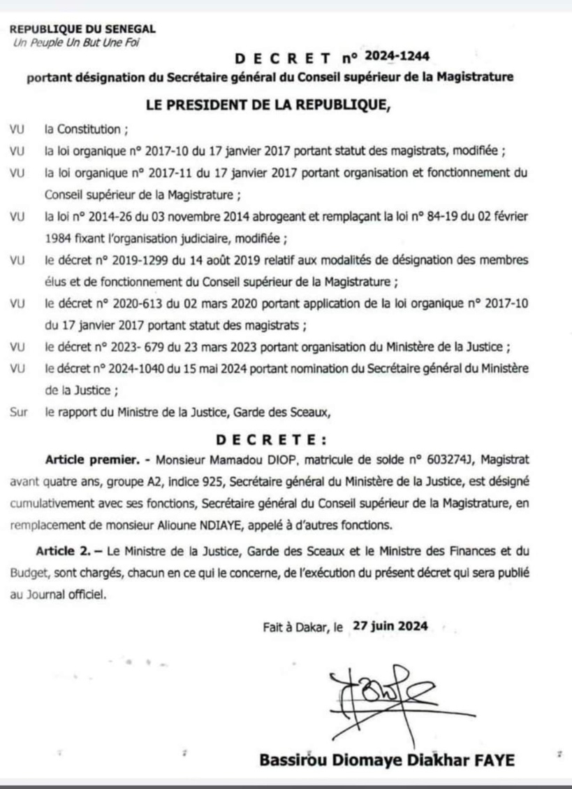 Conseil supérieur de la magistrature: le Président Diomaye désigne Mamadou Diop au poste de secrétaire général Conseil supérieur de la magistrature: le Président Diomaye désigne Mamadou Diop au poste de secrétaire général