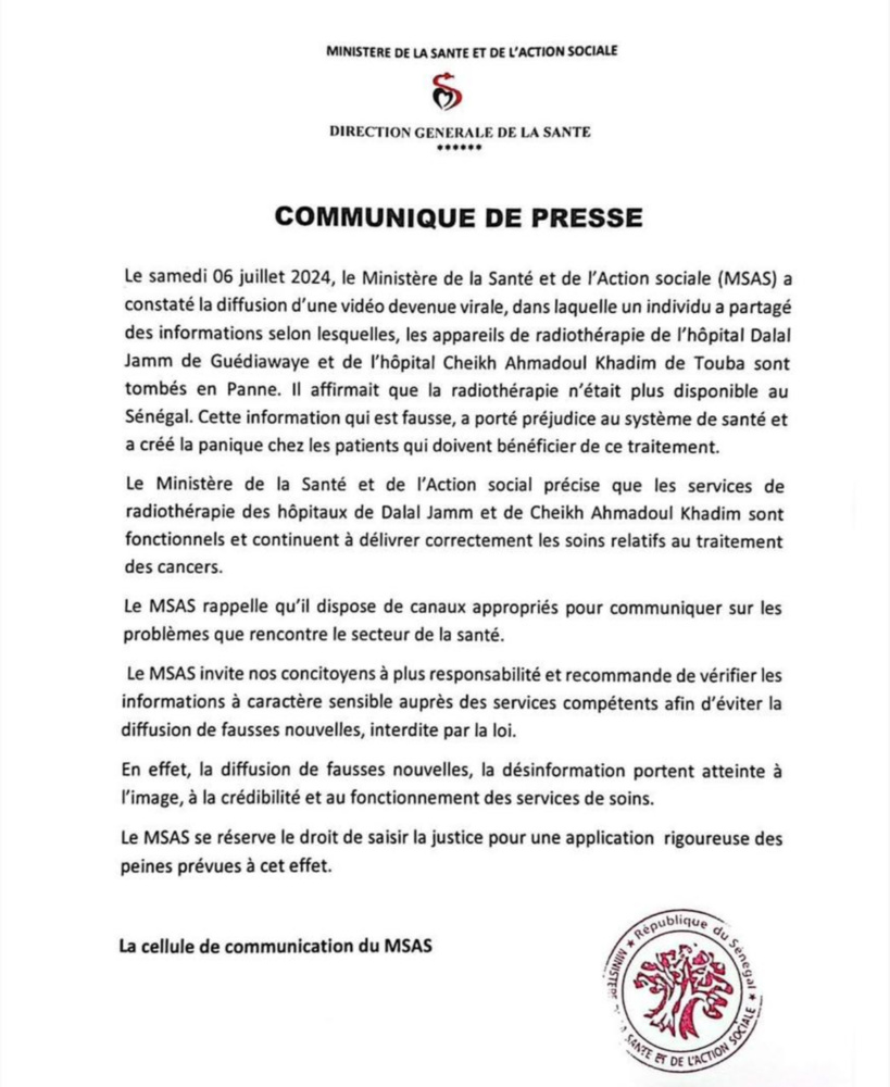 Vidéo affirmant la panne des appareils de radiothérapie : le ministère de la Santé dément et menace de saisir la justice Vidéo affirmant la panne des appareils de radiothérapie : le ministère de la Santé dément et menace de saisir la justice