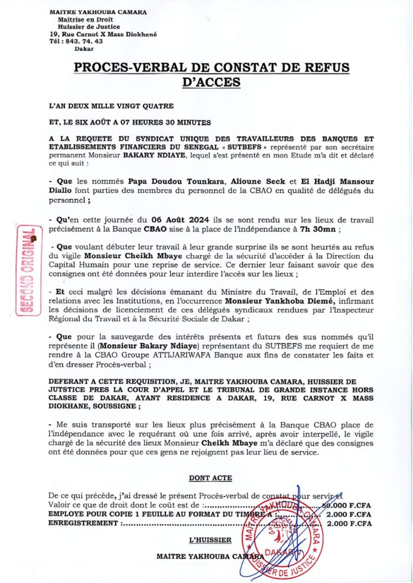 CBAO : l’accès refusé à trois (03) collègues délégués du personnel CBAO : l’accès refusé à trois (03) collègues délégués du personnel