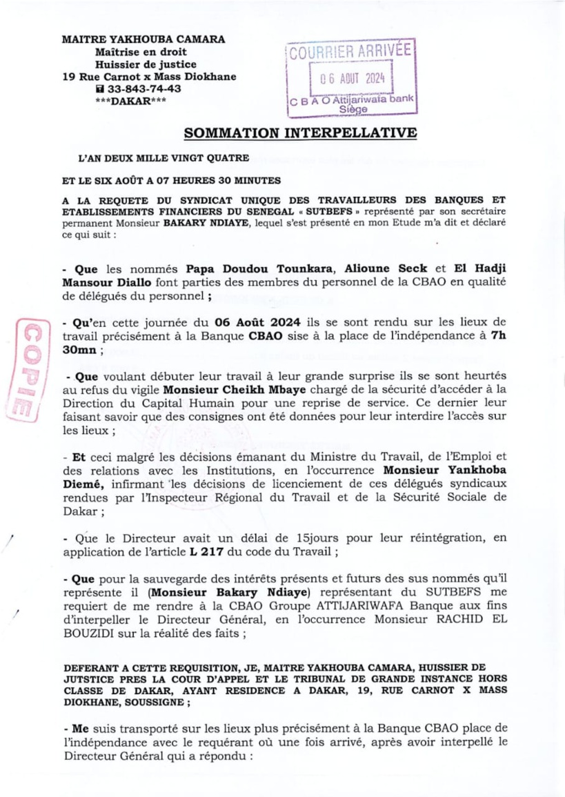 CBAO : l’accès refusé à trois (03) collègues délégués du personnel CBAO : l’accès refusé à trois (03) collègues délégués du personnel