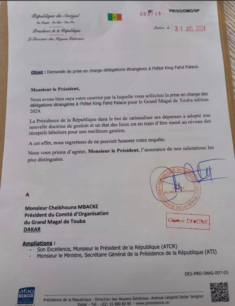 Prise en charge délégations étrangères á l'Hôtel king Fahd : la Présidence refuse la demande de Touba Prise en charge délégations étrangères á l'Hôtel king Fahd : la Présidence refuse la demande de Touba