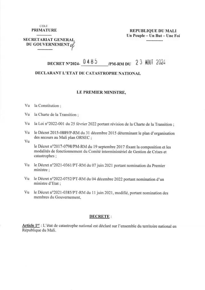 Mali : le gouvernement déclare l'état de catastrophe nationale