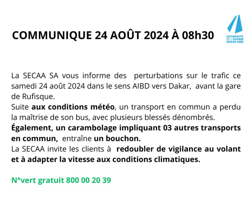 Transport : Des perturbations annoncées sur l’autoroute dans le sens AIBD vers Dakar Transport : Des perturbations annoncées sur l’autoroute dans le sens AIBD vers Dakar