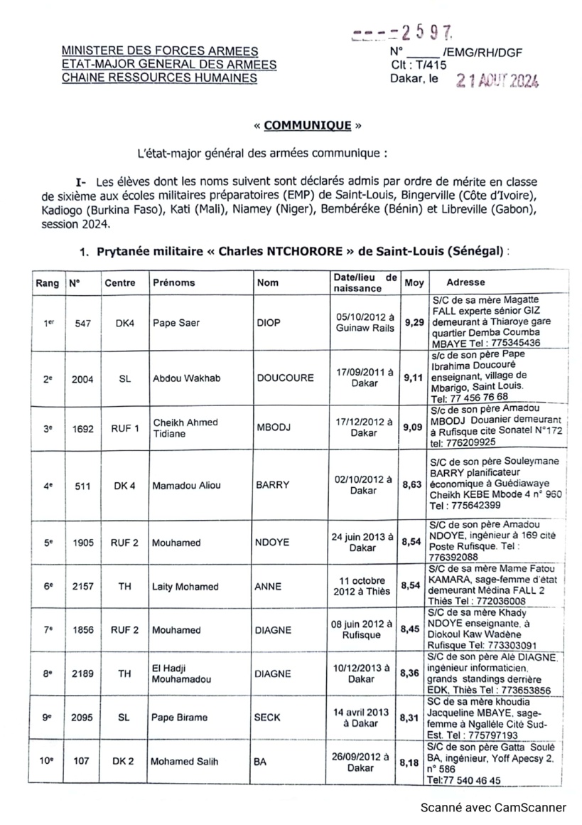 Concours des écoles militaires : le ministère des Forces armées publie les résultats Concours des écoles militaires : le ministère des Forces armées publie les résultats