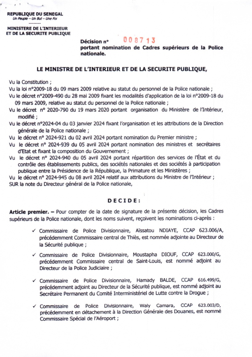 Ministère de l'Intérieur et de la Sécurité publique : décision portant nomination de cadres supérieurs de la Police nationale (document) Ministère de l'Intérieur et de la Sécurité publique : décision portant nomination de cadres supérieurs de la Police nationale (document)