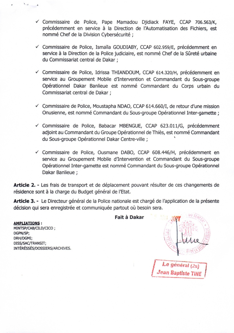 Ministère de l'Intérieur et de la Sécurité publique : décision portant nomination de cadres supérieurs de la Police nationale (document) Ministère de l'Intérieur et de la Sécurité publique : décision portant nomination de cadres supérieurs de la Police nationale (document)