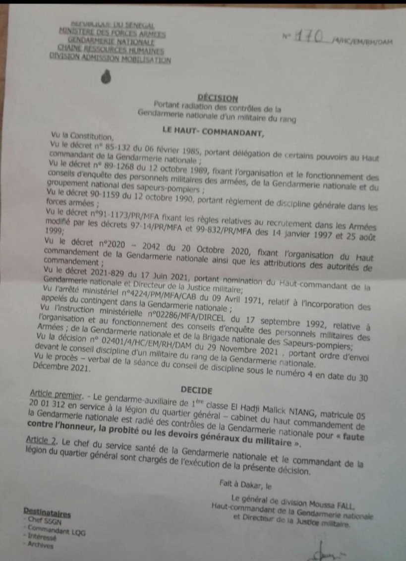 Radié de la gendarmerie, EL H Malick NIANG adresse une lettre ouverte au PM Ousmane Sonko Radié de la gendarmerie, EL H Malick NIANG adresse une lettre ouverte au PM Ousmane Sonko