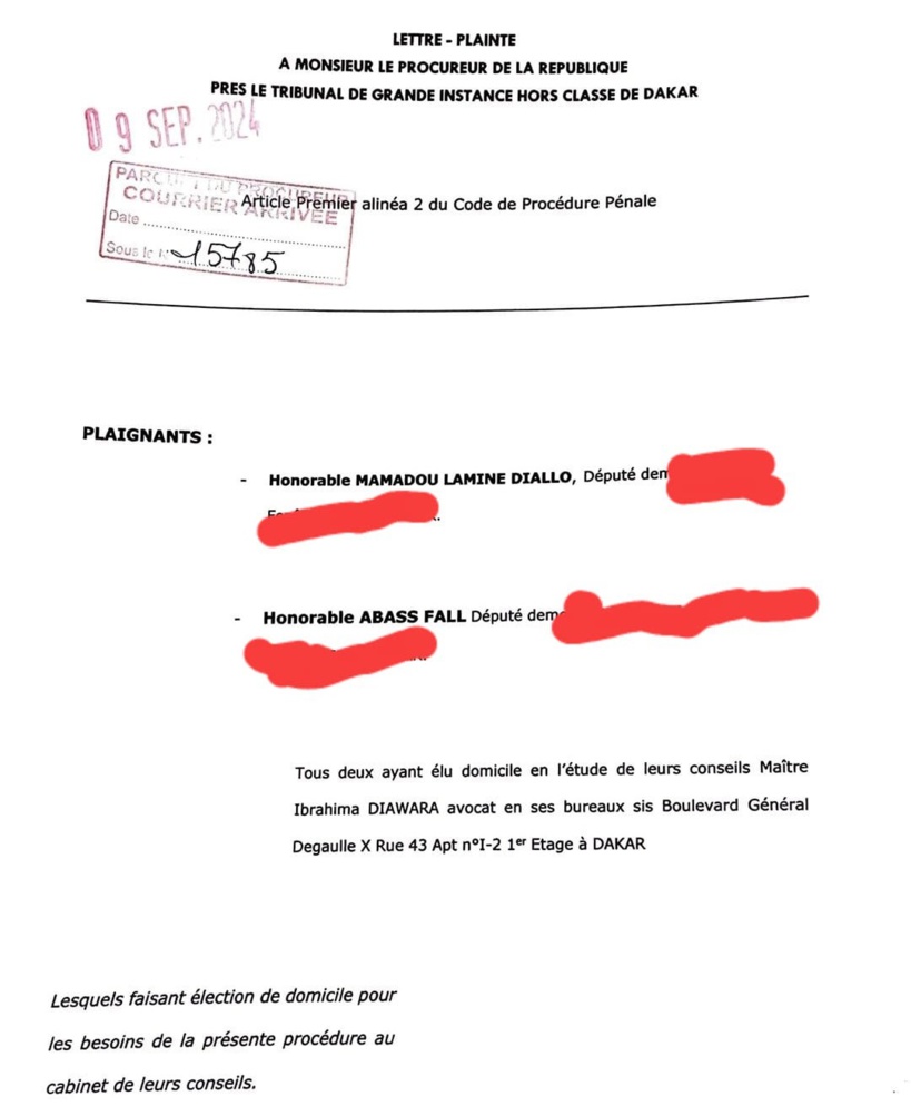 Plainte pour faux et usage de faux sur le règlement intérieur de l'AN : Mamadou Lamine Diallo entendu par la SR Plainte pour faux et usage de faux sur le règlement intérieur de l'AN : Mamadou Lamine Diallo entendu par la SR