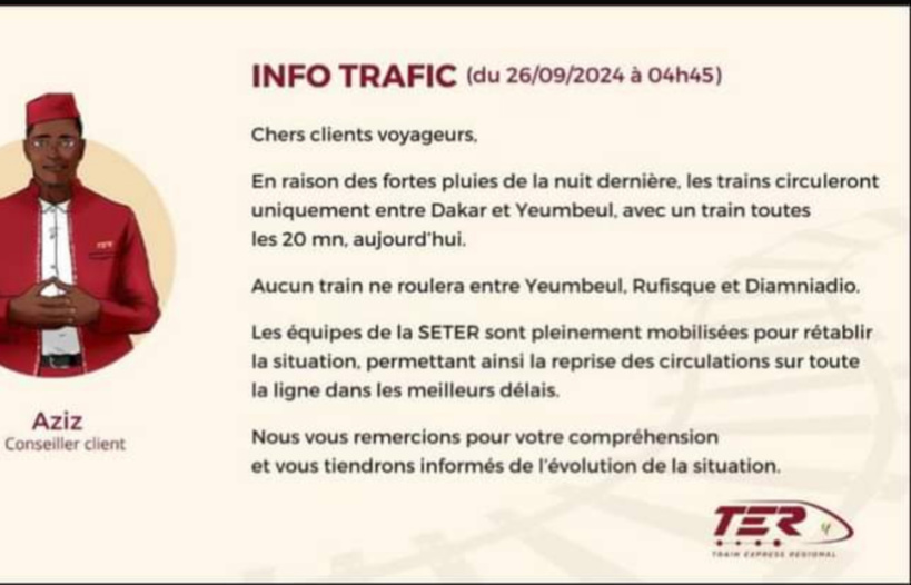 Transport : la circulation du TER sens Dakar-Diamniadio perturbée par les intempéries Transport : la circulation du TER sens Dakar-Diamniadio perturbée par les intempéries