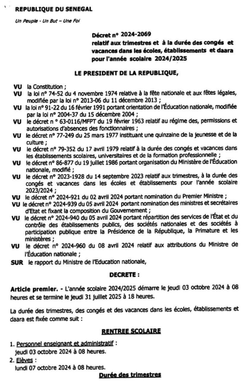 Sénégal: l'année scolaire démarre le 3 octobre 2024 et se termine le 31 juillet 2025 (décret) Sénégal: l'année scolaire démarre le 3 octobre 2024 et se termine le 31 juillet 2025 (décret)