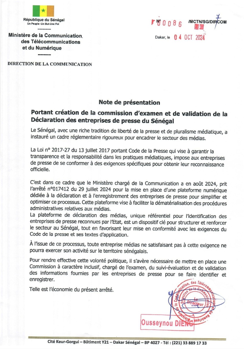 Urgent : publication de la Commission d'examen et de validation de la déclaration des entreprises de presse du Sénégal Urgent : publication de la Commission d'examen et de validation de la déclaration des entreprises de presse du Sénégal