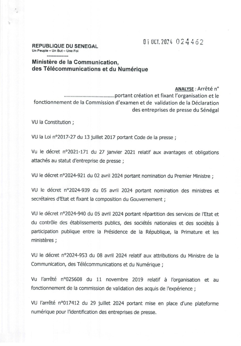 Urgent : publication de la Commission d'examen et de validation de la déclaration des entreprises de presse du Sénégal Urgent : publication de la Commission d'examen et de validation de la déclaration des entreprises de presse du Sénégal