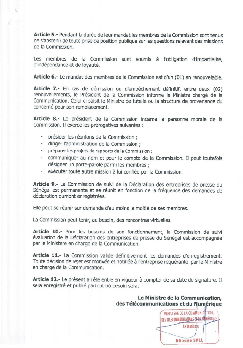 Urgent : publication de la Commission d'examen et de validation de la déclaration des entreprises de presse du Sénégal Urgent : publication de la Commission d'examen et de validation de la déclaration des entreprises de presse du Sénégal