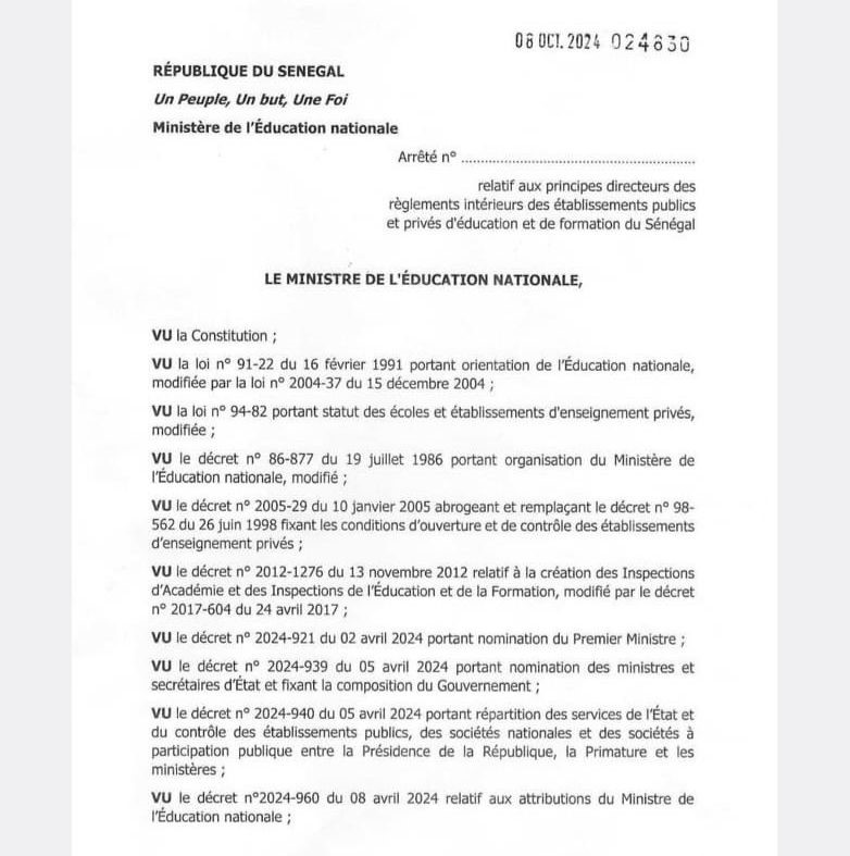 Principes directeurs des règlements intérieurs des établissements publics et privés du Sénégal : le ministère l'éducation divulgue l'arrêté Principes directeurs des règlements intérieurs des établissements publics et privés du Sénégal : le ministère l'éducation divulgue l'arrêté
