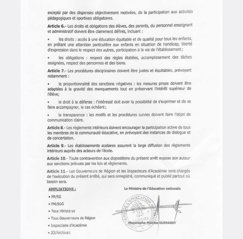 Principes directeurs des règlements intérieurs des établissements publics et privés du Sénégal : le ministère l'éducation divulgue l'arrêté Principes directeurs des règlements intérieurs des établissements publics et privés du Sénégal : le ministère l'éducation divulgue l'arrêté