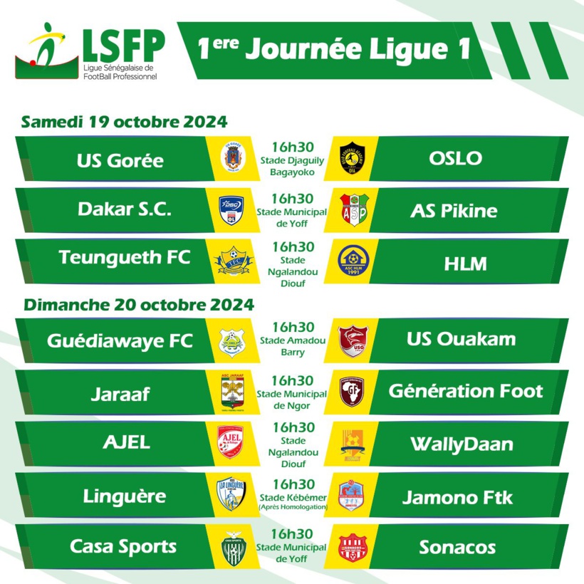 Coup d'envoi de la Ligue 1 : Teungueth FC face à l'ASC HLM, duel Dakar SC- AS Pikine ce samedi Coup d'envoi de la Ligue 1 : Teungueth FC face à l'ASC HLM, duel Dakar SC- AS Pikine ce samedi